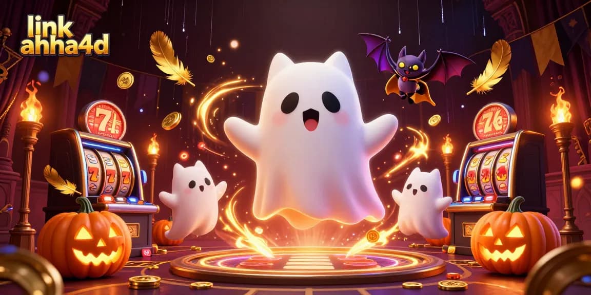 Experience the thrill with link ahha4d in this spooky haunted casino scene featuring ghost cats and slot machines.