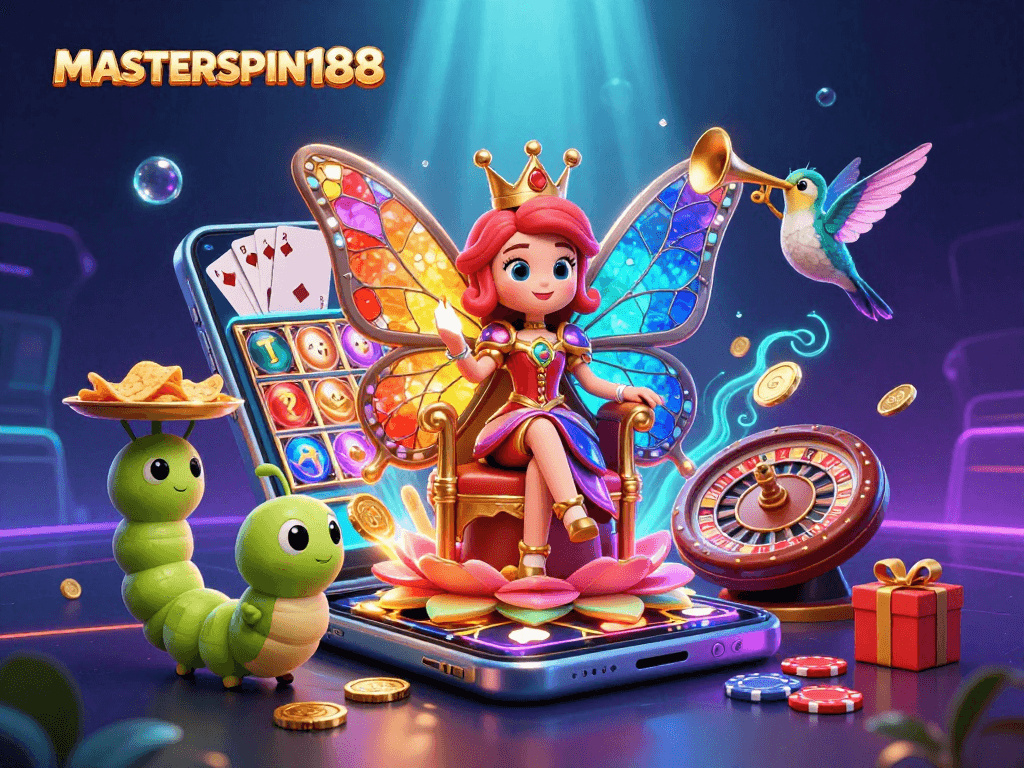 Experience MAGIC with MASTERSPIN188 at the vibrant casino featuring a butterfly queen and dazzling game elements.